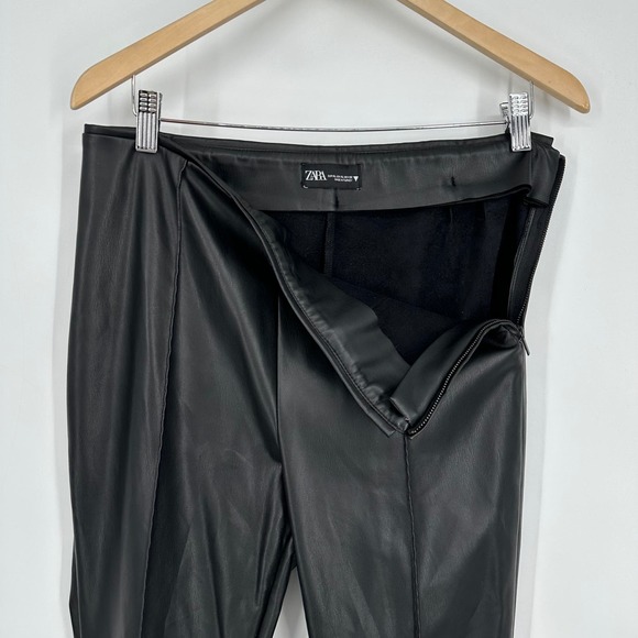 ZARA Faux Leather Skinny Pants High Waist Pleated Ankle Zip Leggings, Black - Picture 11 of 13
